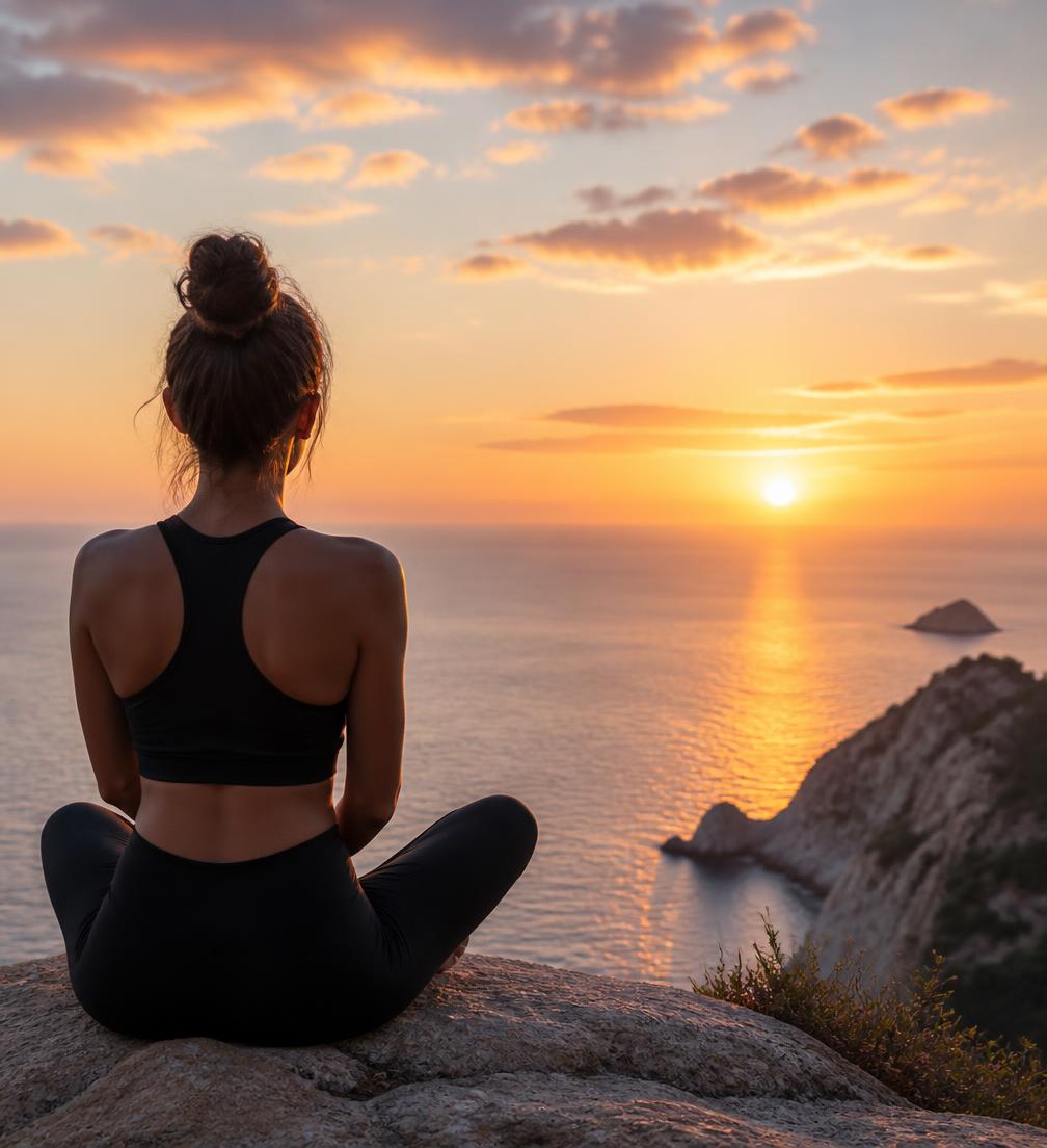 Woman watching the sunrise by the sea